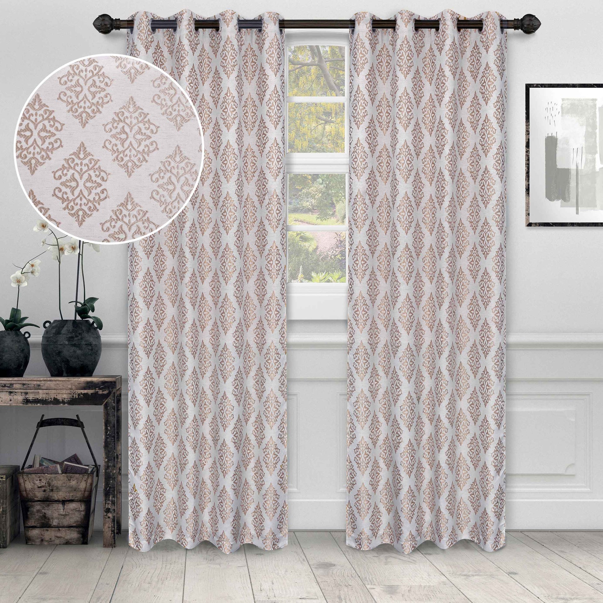 Venetian Damask Jacquard Curtain Panels, Set of 2 - Brass