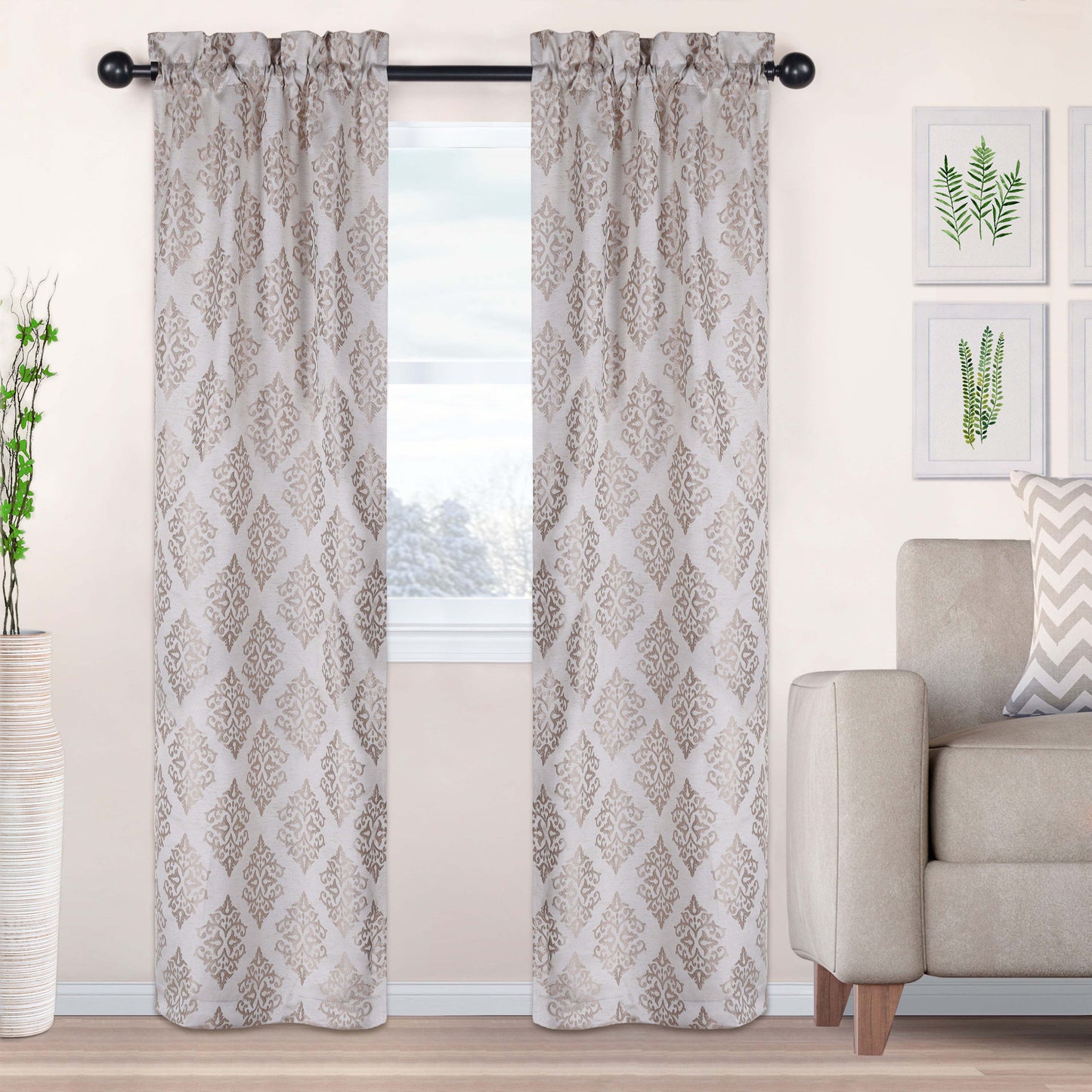 Venetian Damask Jacquard Curtain Panels, Set of 2 - Brass
