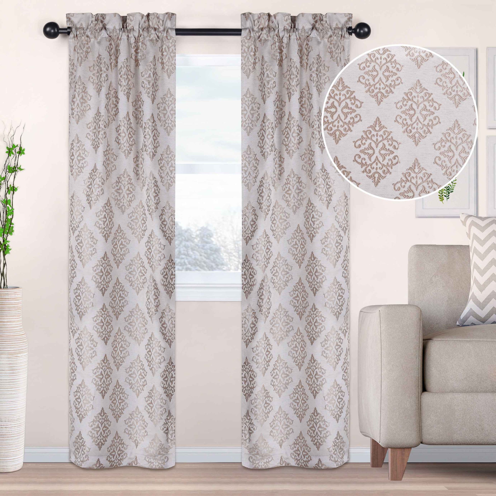 Venetian Damask Jacquard Curtain Panels, Set of 2 - Brass