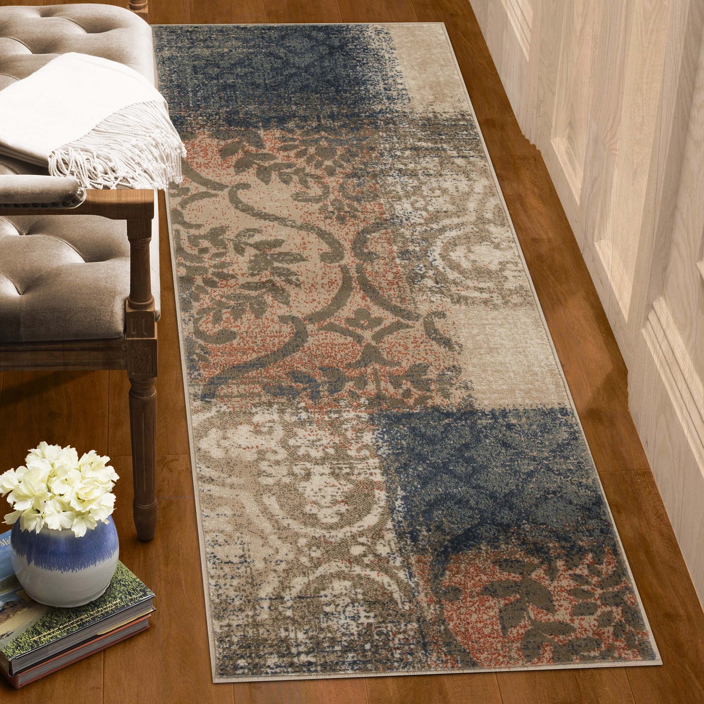 Bristol Distressed Abstract Damask Indoor Area Rug or Runner Rug - MidnightNavy-Salmon