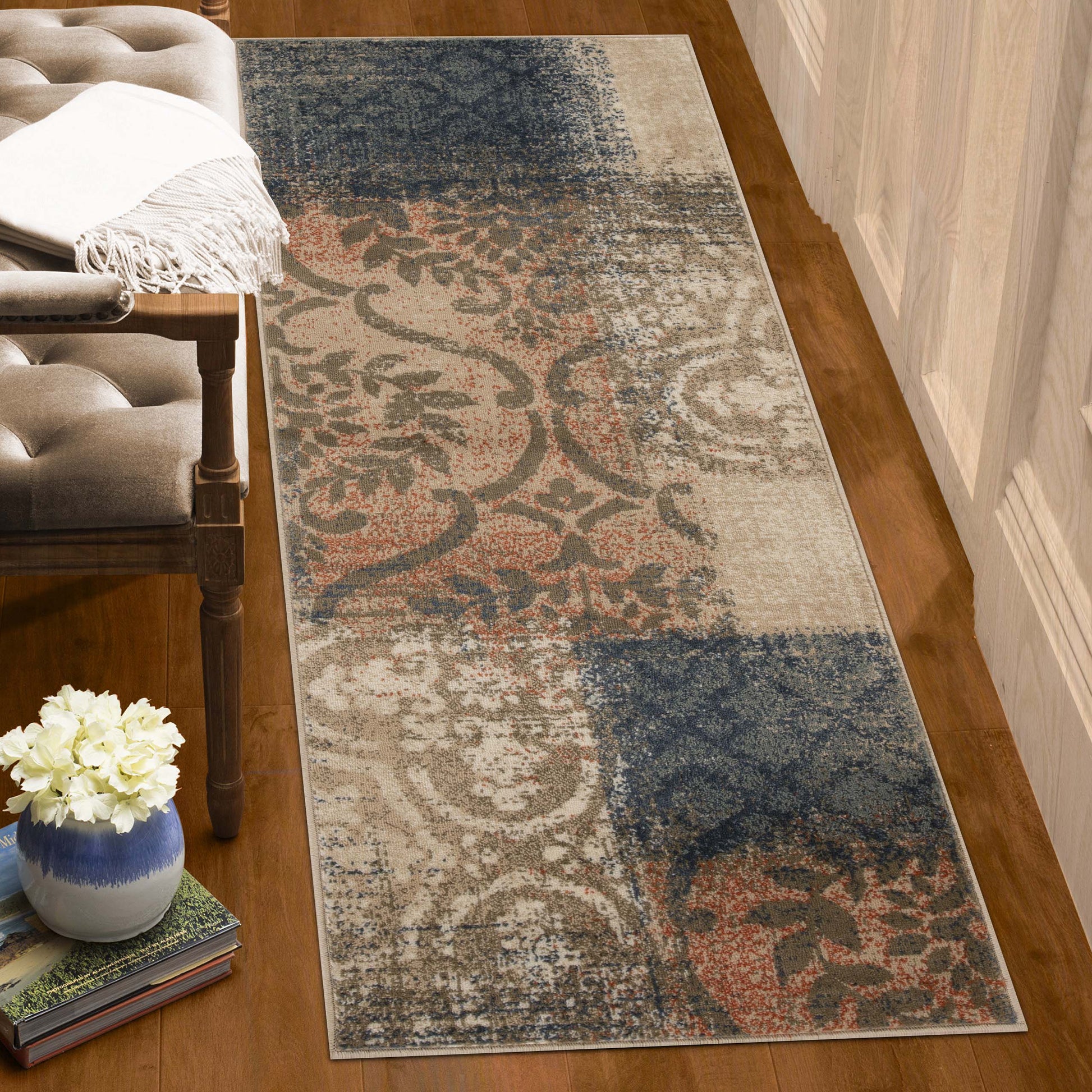 Bristol Distressed Abstract Damask Indoor Area Rug or Runner Rug - MidnightNavy-Salmon