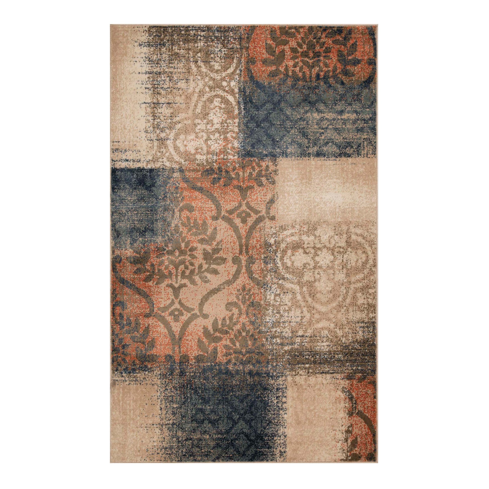 Bristol Distressed Abstract Damask Indoor Area Rug or Runner Rug - MidnightNavy-Salmon