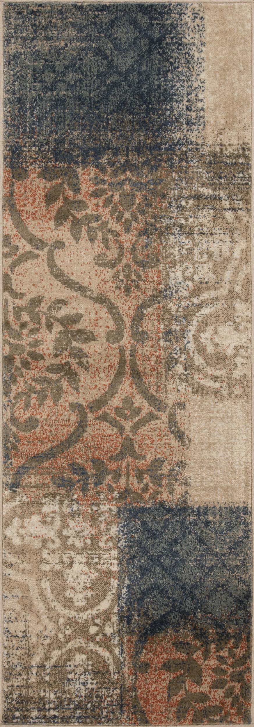 Bristol Distressed Abstract Damask Indoor Area Rug or Runner Rug - MidnightNavy-Salmon