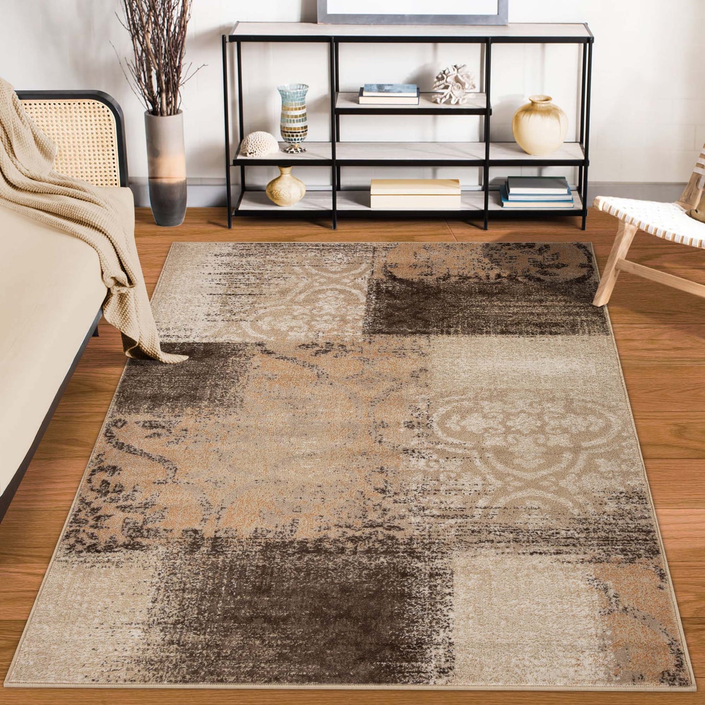 Bristol Distressed Abstract Damask Indoor Area Rug or Runner Rug - Beige-Camel