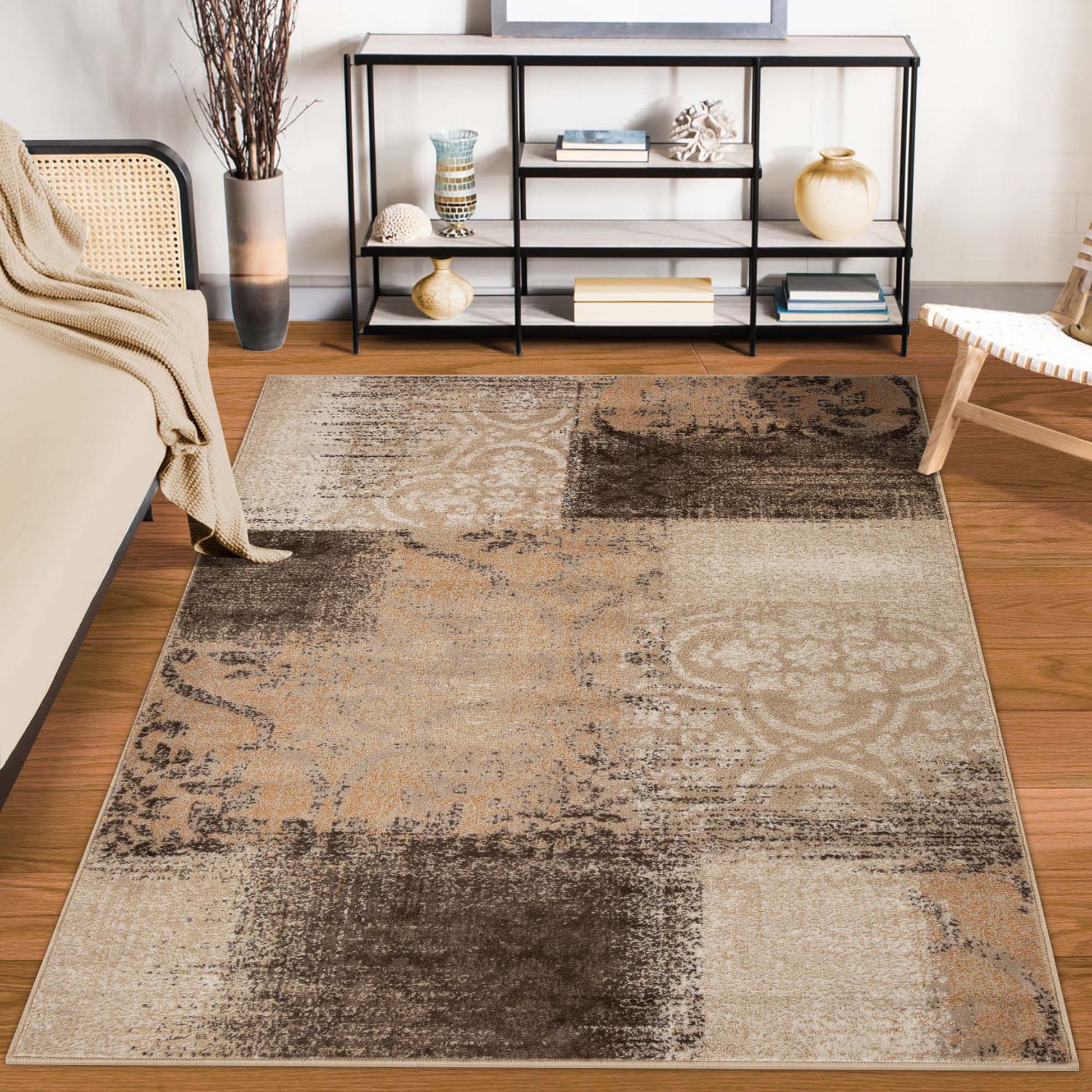 Bristol Distressed Abstract Damask Indoor Area Rug or Runner Rug - Beige-Camel