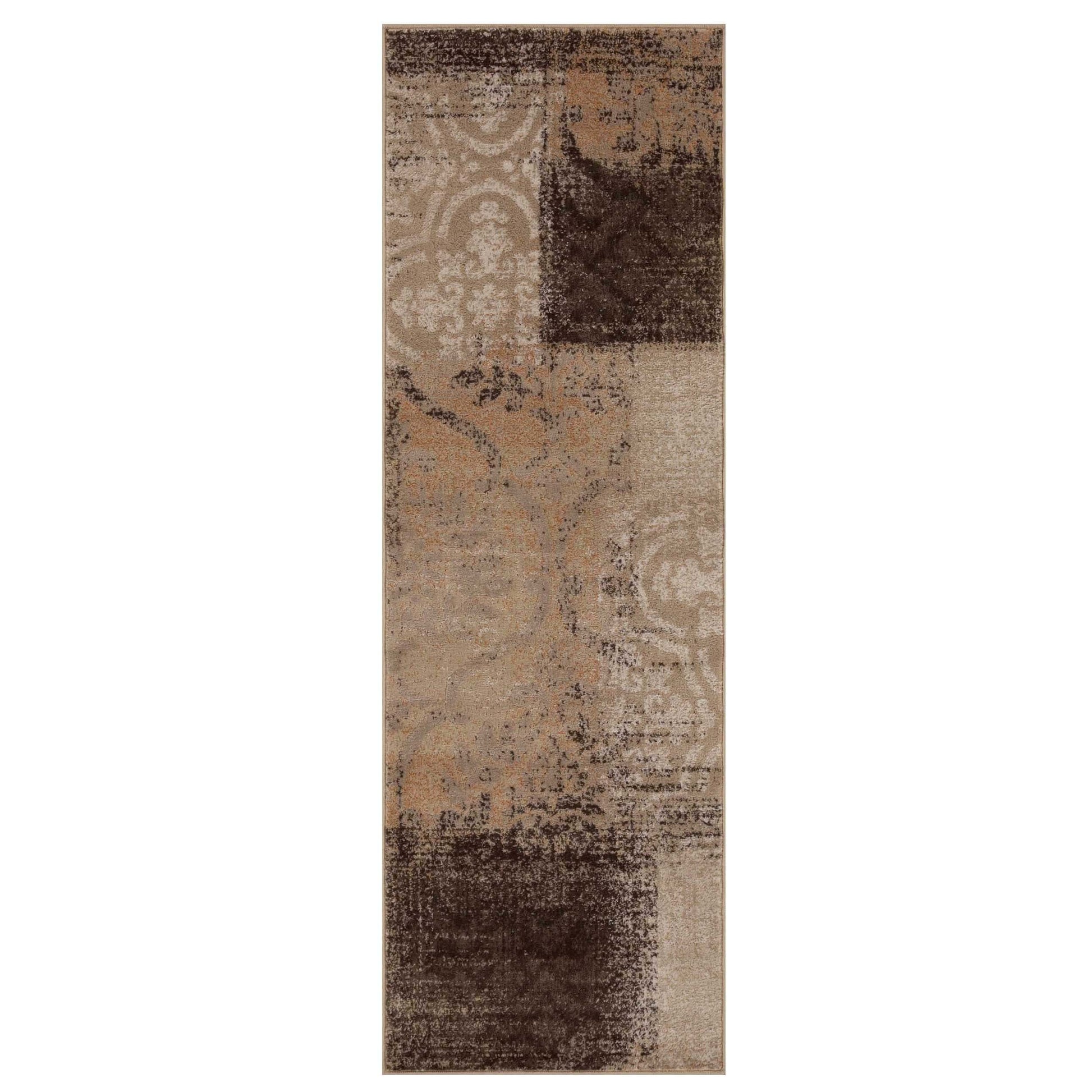 Bristol Distressed Abstract Damask Indoor Area Rug or Runner Rug - Beige-Camel
