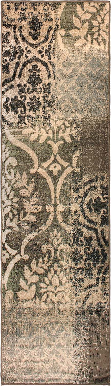 Bristol Distressed Abstract Damask Indoor Area Rug or Runner Rug - Ivory-LightBlue