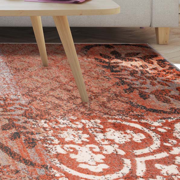 Bristol Distressed Abstract Damask Indoor Area Rug or Runner Rug - Rust