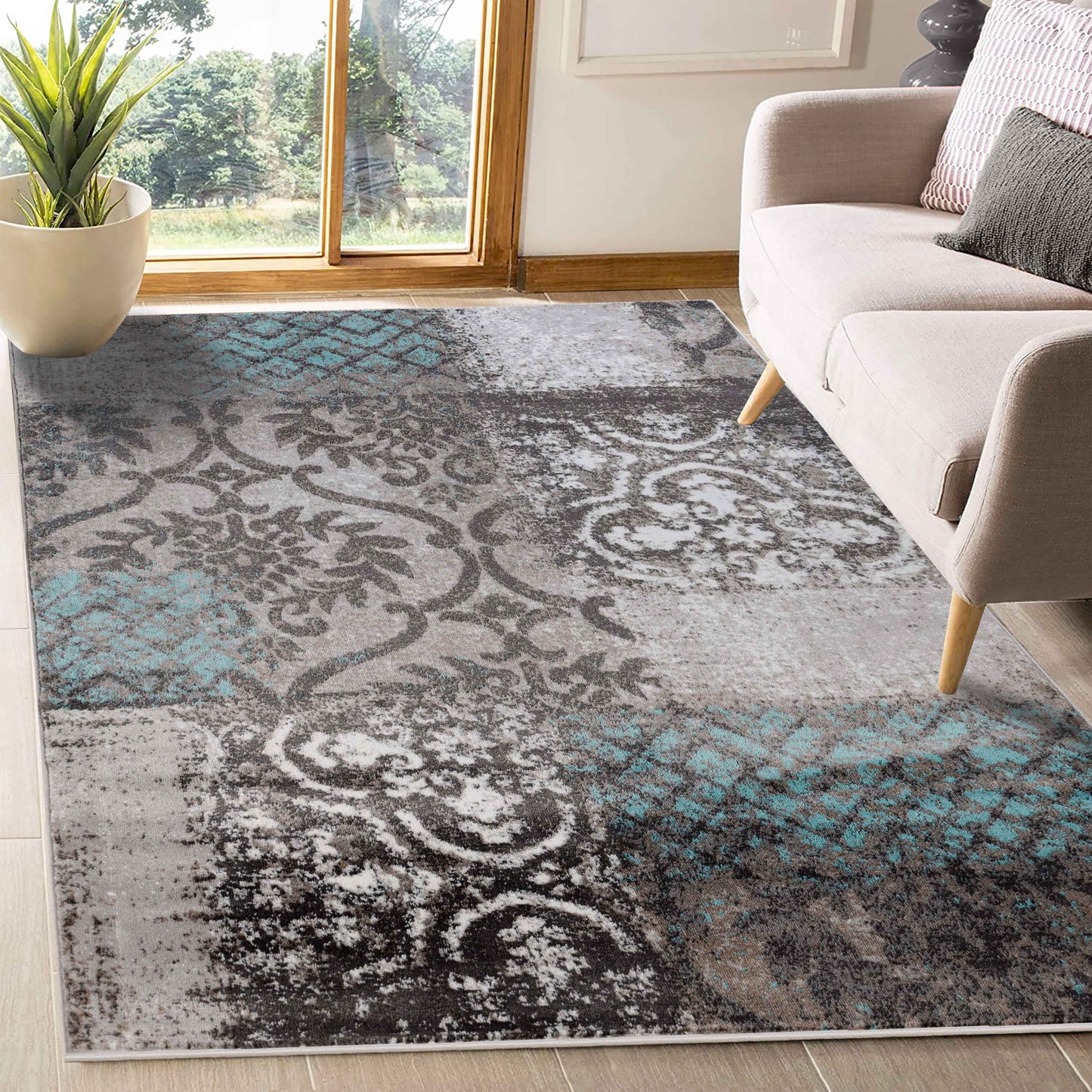 Bristol Distressed Abstract Damask Indoor Area Rug or Runner Rug - Bristol-Rivulet