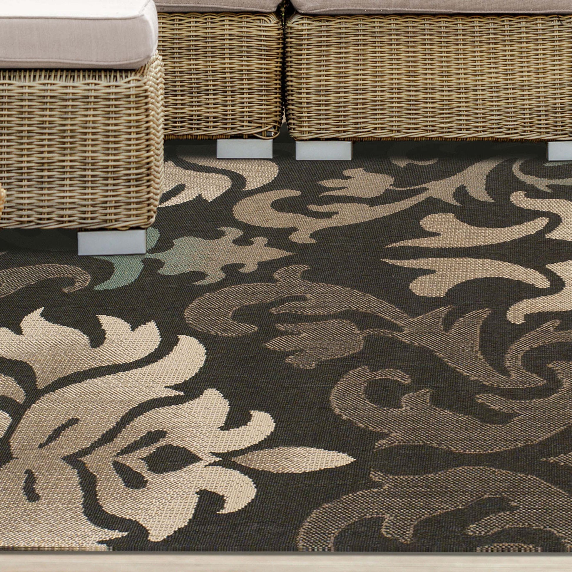 Lowell Traditional Damask Indoor Outdoor Area Rug - Brown