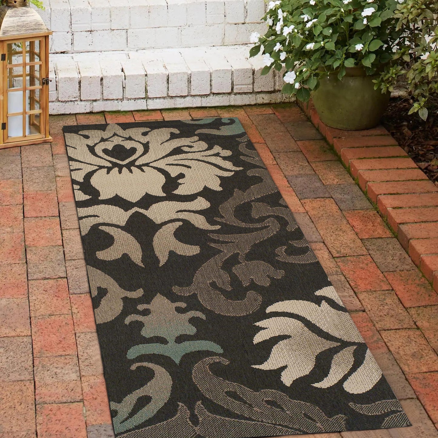Lowell Traditional Damask Indoor Outdoor Area Rug - Brown
