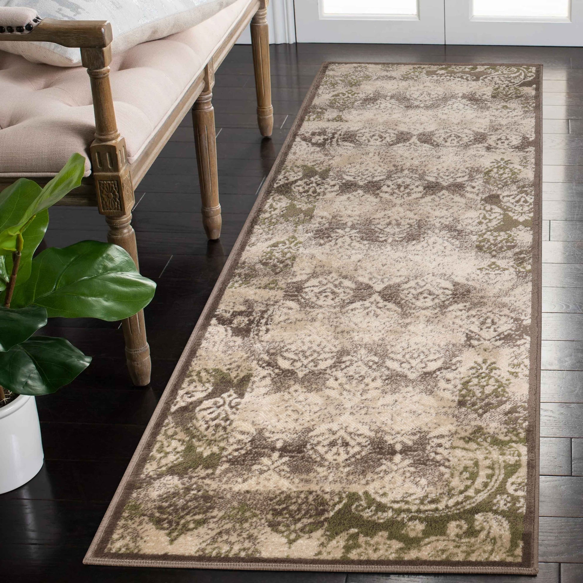 Mystique Distressed Damask Contemporary Area Rug - Brown