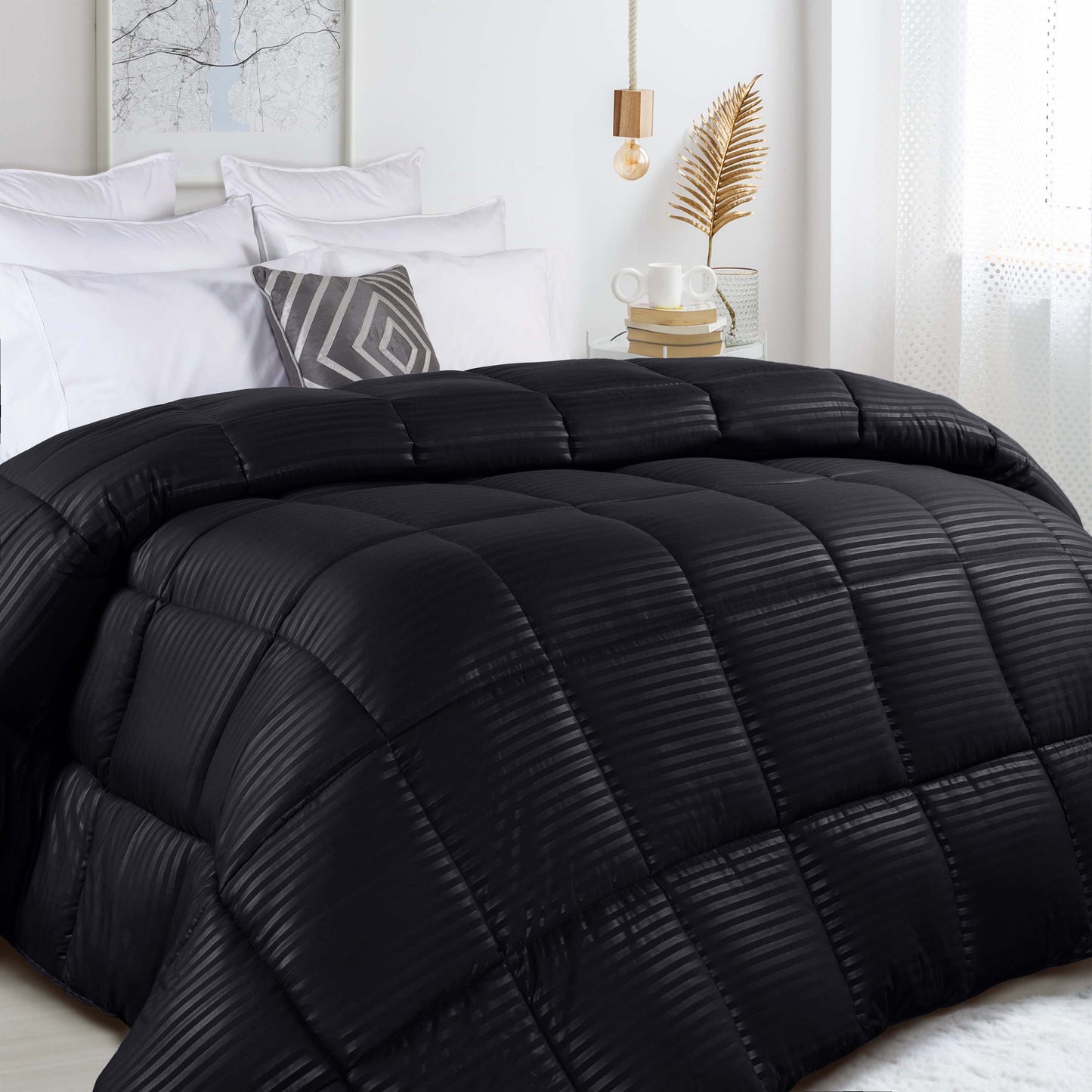 Brushed Microfiber Down Alternative Medium Weight Striped Comforter - Black