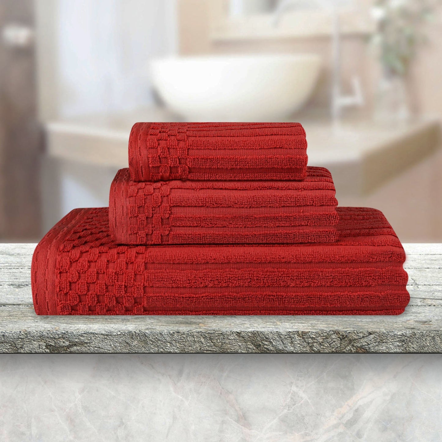Soho Ribbed Cotton Absorbent 3 Piece Assorted Towel Set - Burgundy