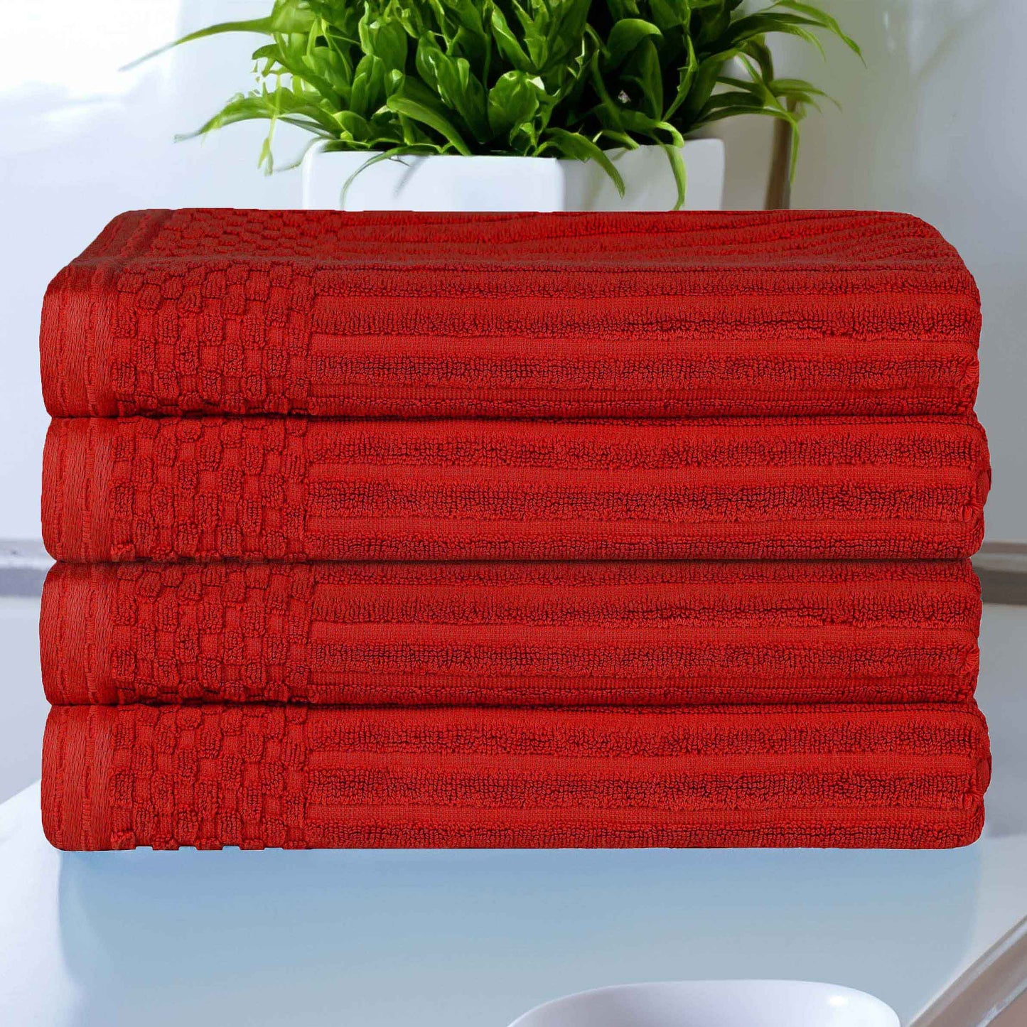 Soho Ribbed Cotton Absorbent Bath Towel Set of 4 - Burgundy