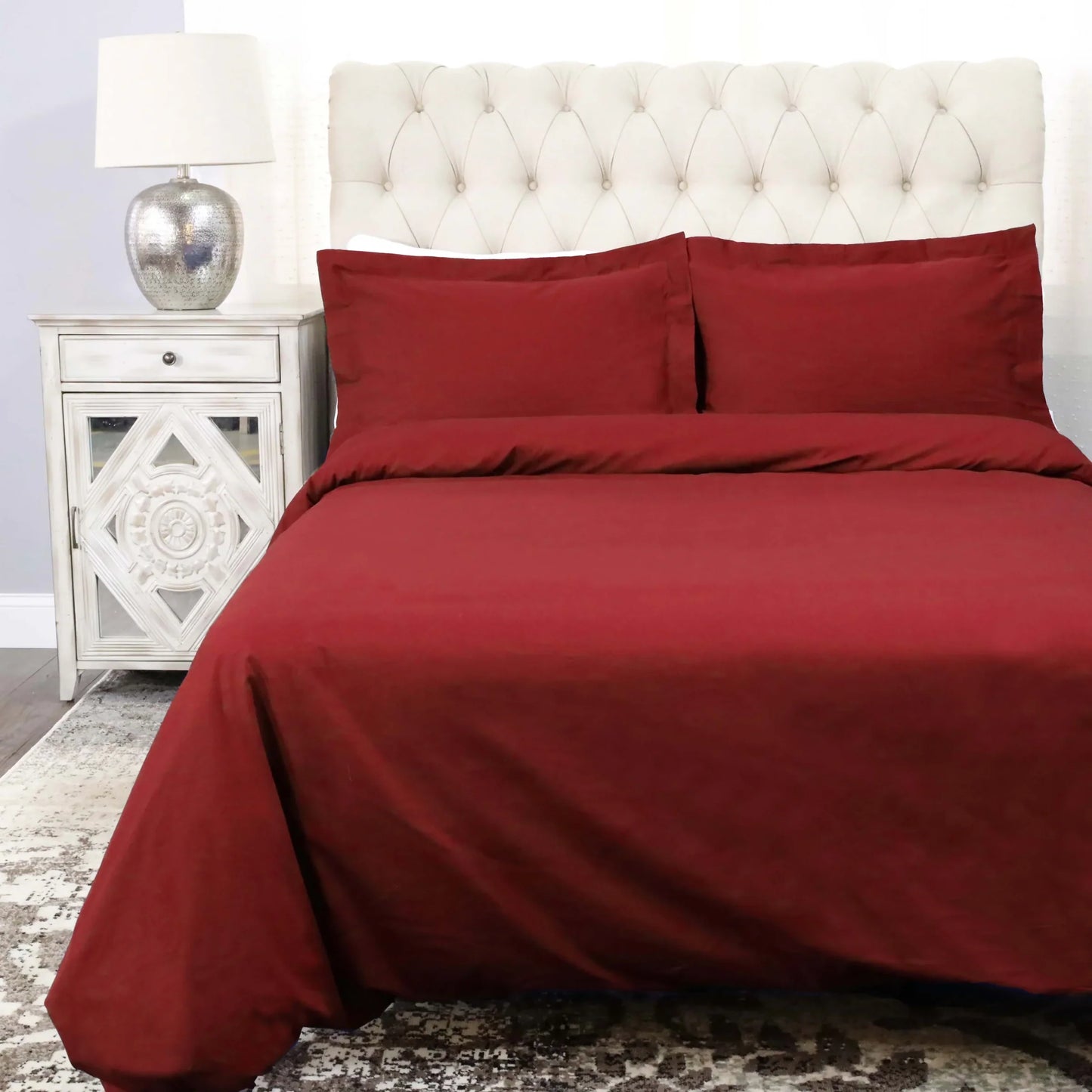 Cotton Percale Modern Traditional Duvet Cover Set - Burgundy