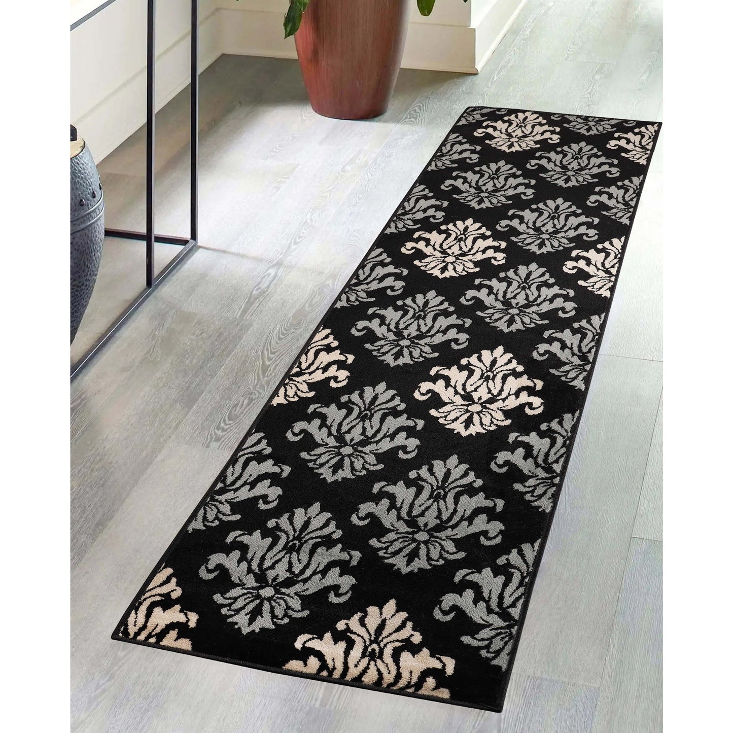 Superior Casper Damask Floral Area Rug - Black