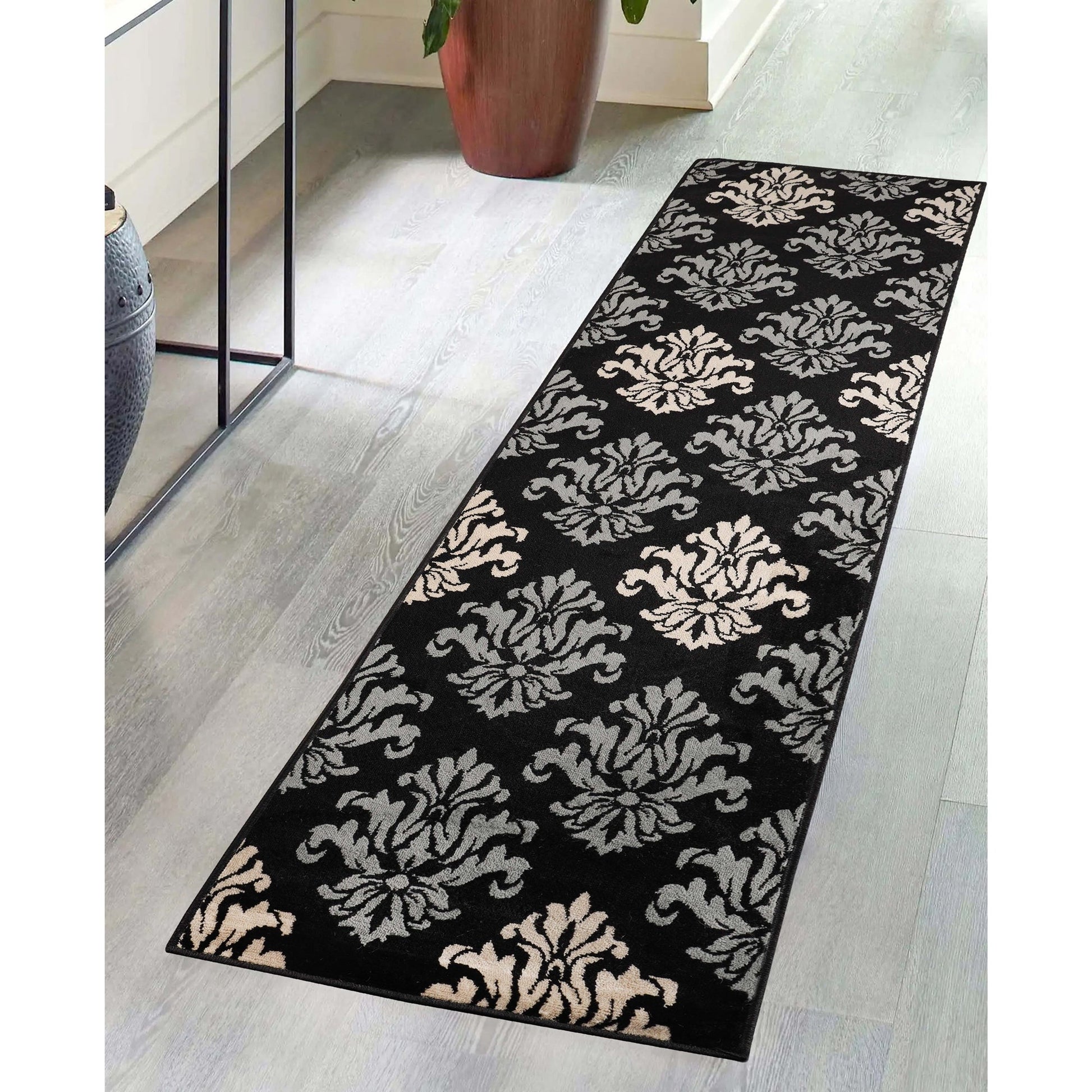 Superior Casper Damask Floral Area Rug - Black