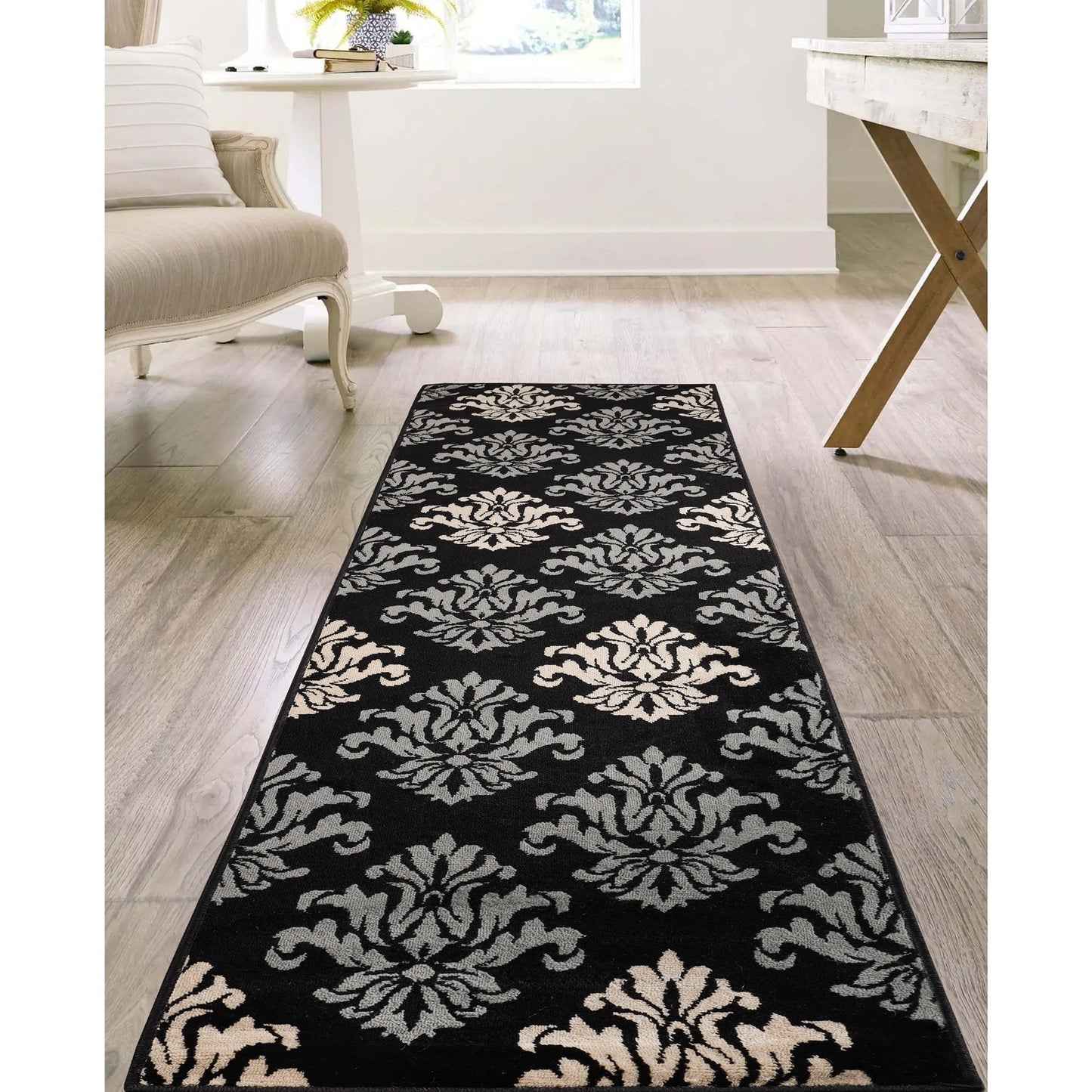 Superior Casper Damask Floral Area Rug - Black