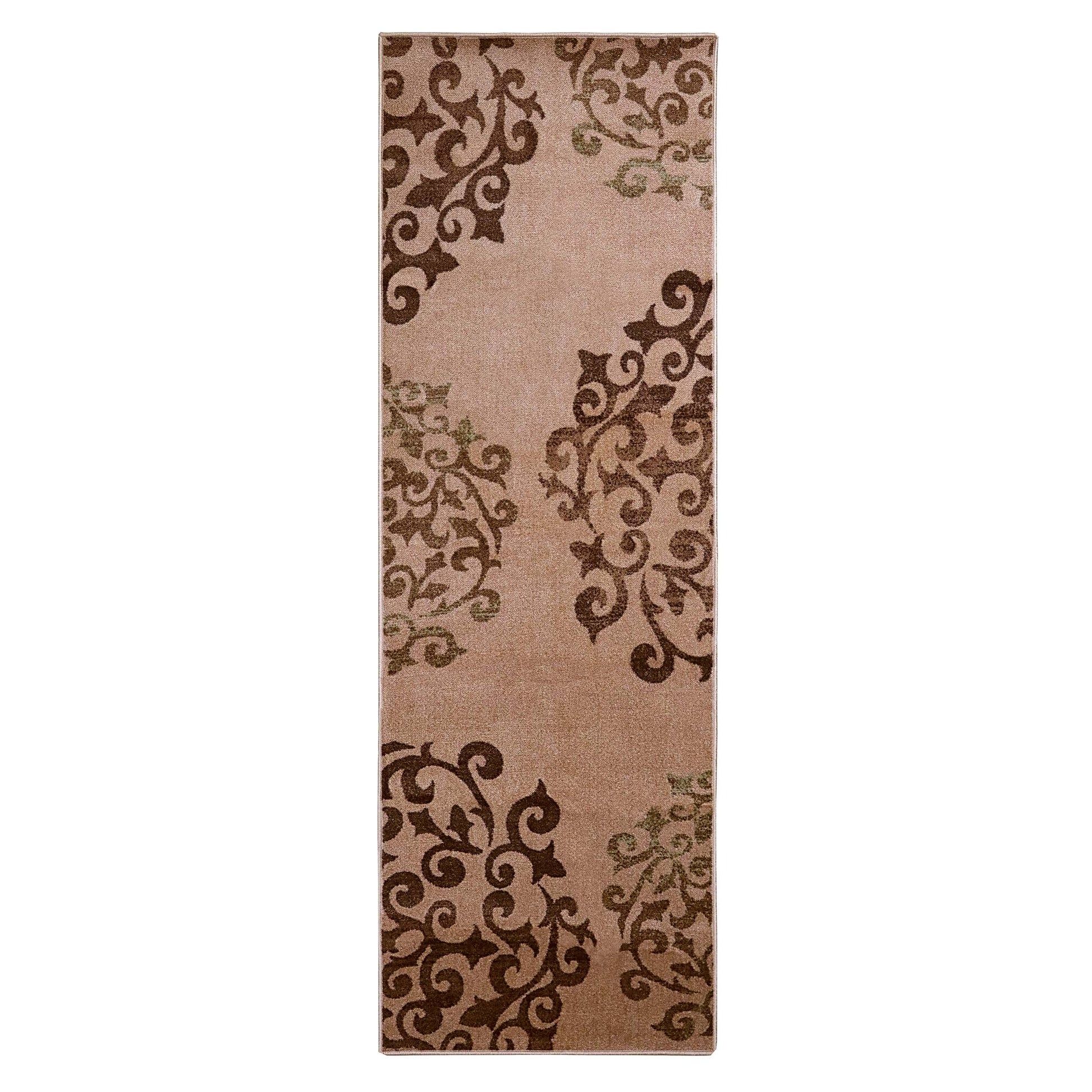 Amber Floral Scroll Medallion Non-Slip Washable Indoor Area Rug or Runner - Camel