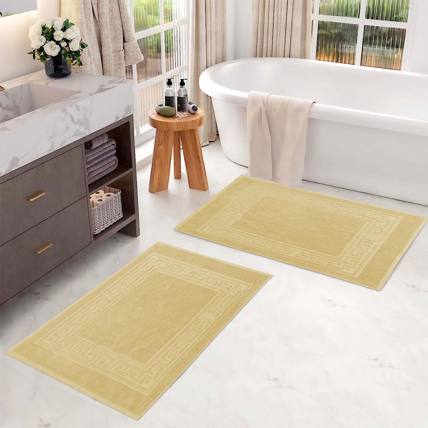 100% Cotton Highly-Absorbent Greek Key Border Solid 2-Piece Bath Mat Set - Canary