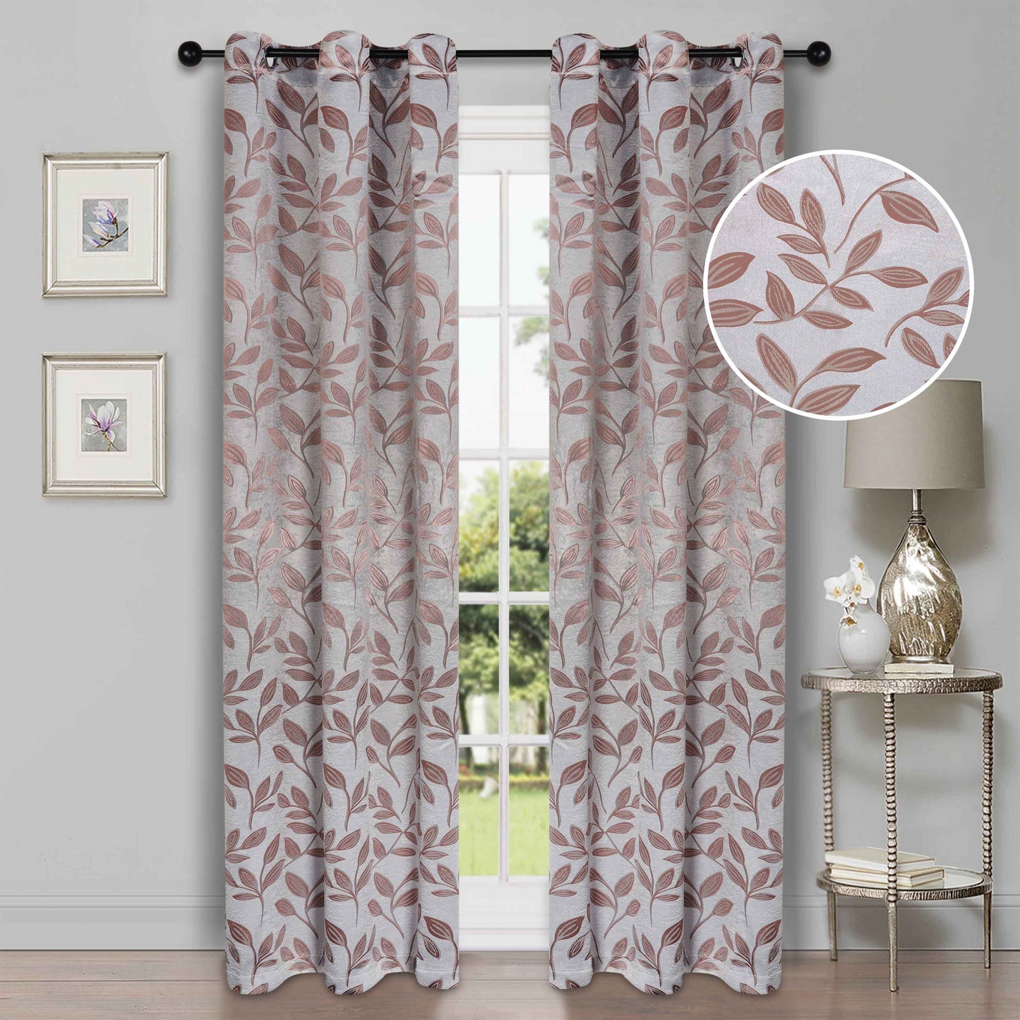 Leaves Machine Washable Room Darkening Blackout Curtains, Set of 2 - Champaigne
