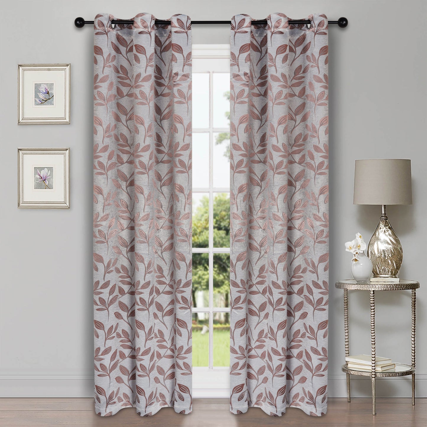 Leaves Machine Washable Room Darkening Blackout Curtains, Set of 2 - Champaigne