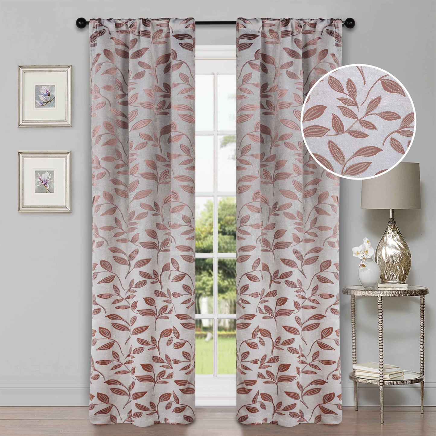 Leaves Machine Washable Room Darkening Blackout Curtains, Set of 2 - Champaigne