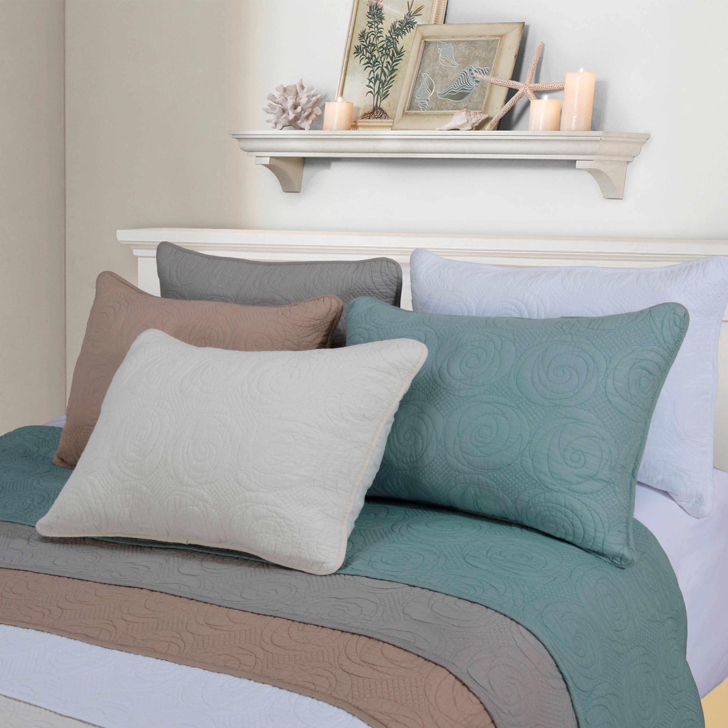 Channing Fine Stitched Floral Cotton Quilt Set - Seafoam