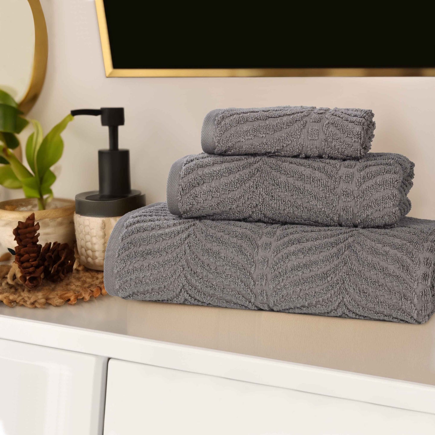 Chevron Zero Twist Jaquard Cotton 3 Piece Bathroom Towel Set - Charcoal
