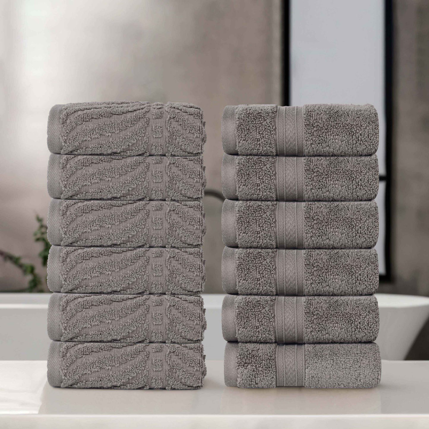 Chevron Zero Twist Solid and Jacquard Soft Cotton Washcloth Set of 12 - Charcoal