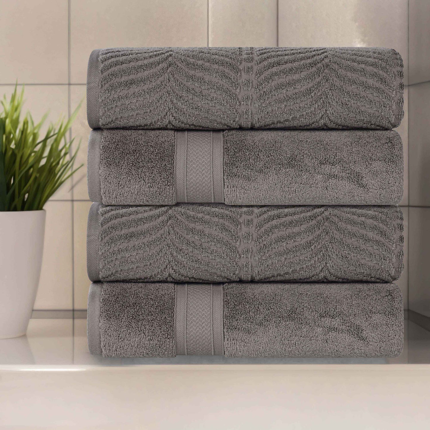 Chevron Zero Twist Solid and Jacquard Soft Cotton Hand Towel Set of 6 - Charcoal