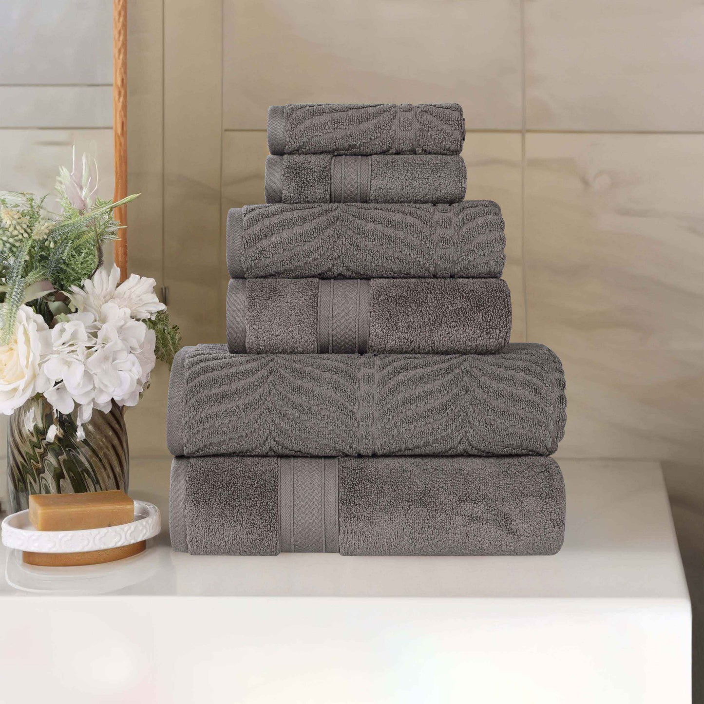 Chevron Zero Twist Solid and Jacquard Soft Cotton 6 Piece Towel Set - Charcoal