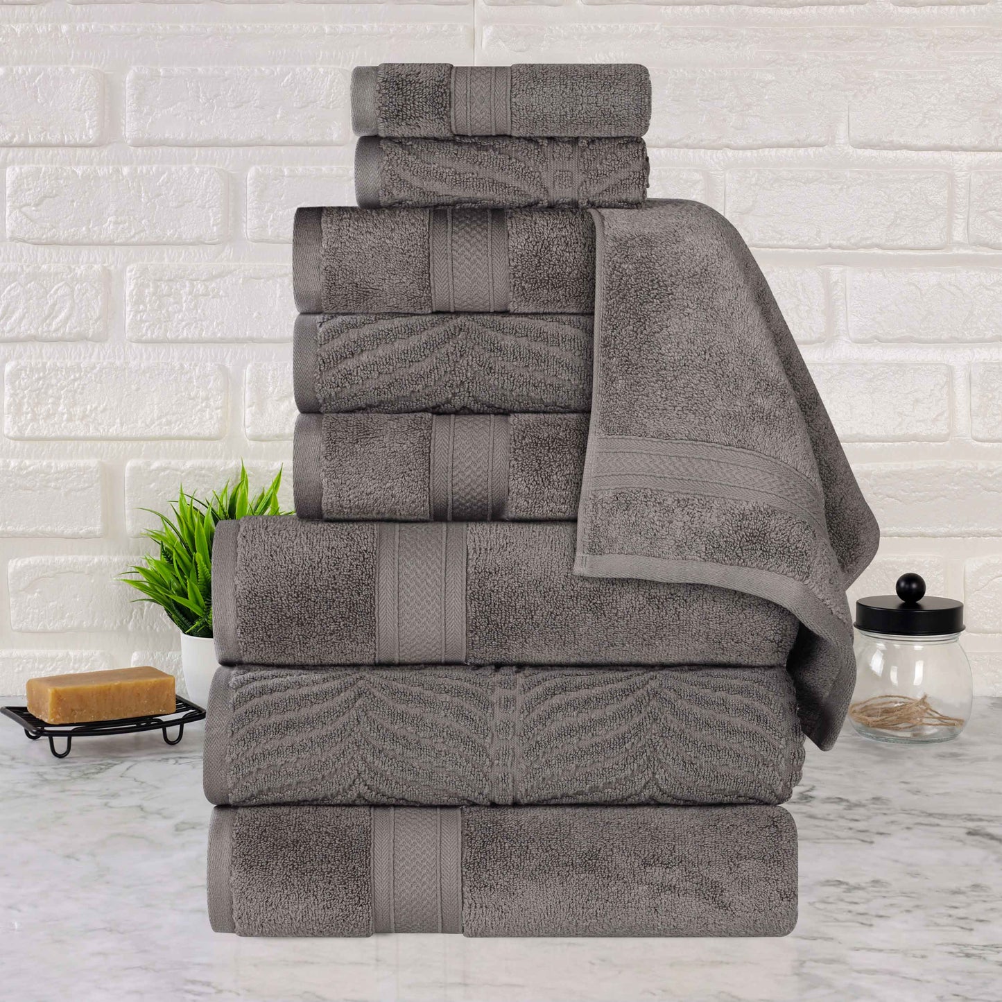 Chevron Zero Twist Solid and Jacquard Cotton 9 Piece Towel Set - Charcoal