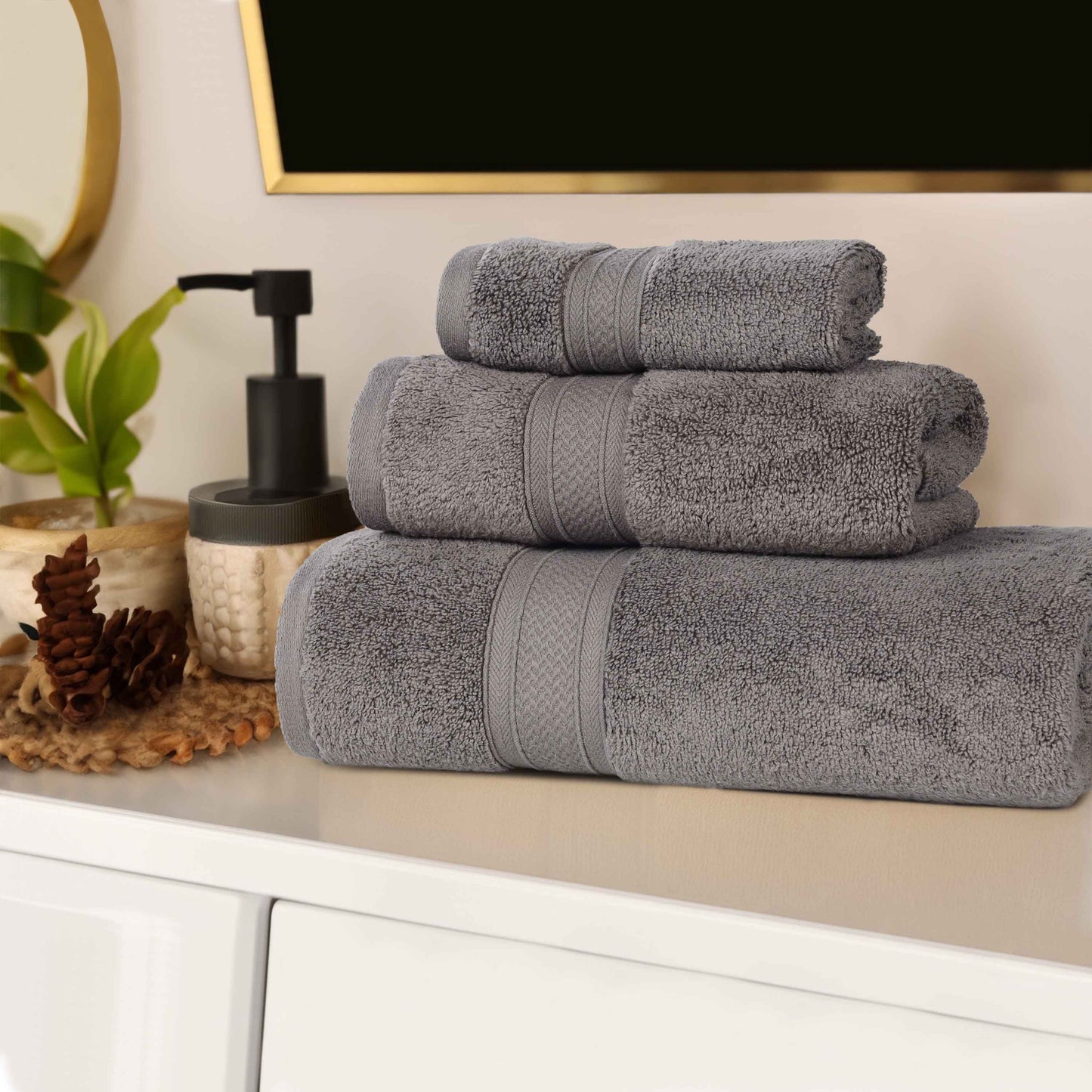 Chevron Zero Twist Solid Soft Absorbent Cotton 3 Piece Towel Set - Charcoal
