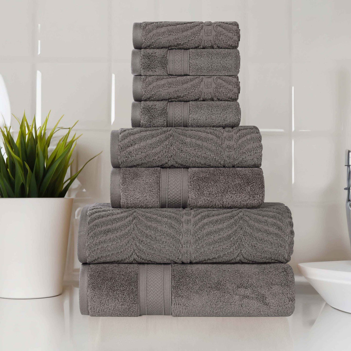 Chevron Zero Twist Solid and Jacquard Cotton 8 Piece Towel Set - Charcoal