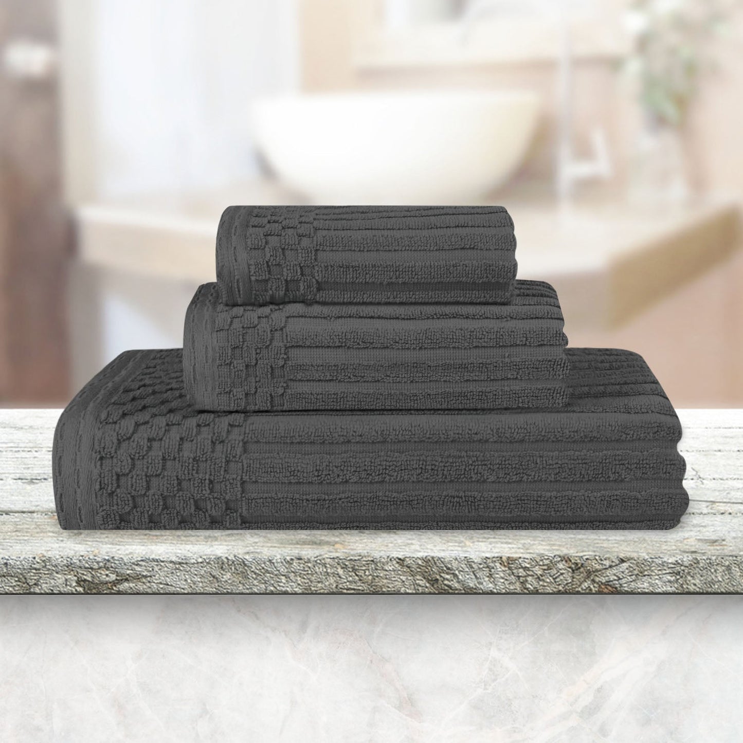 Soho Ribbed Cotton Absorbent 3 Piece Assorted Towel Set - Charcoal