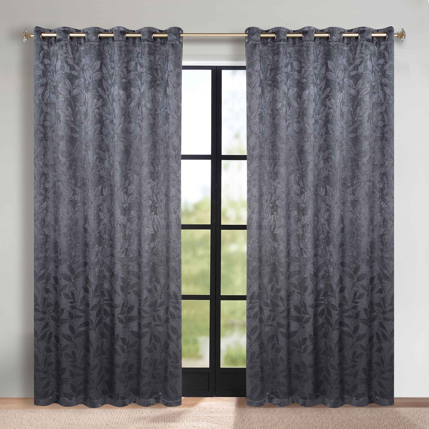 Leaves Room Darkening Grommet Blackout Curtain Panels, Set of 2 - Charcoal