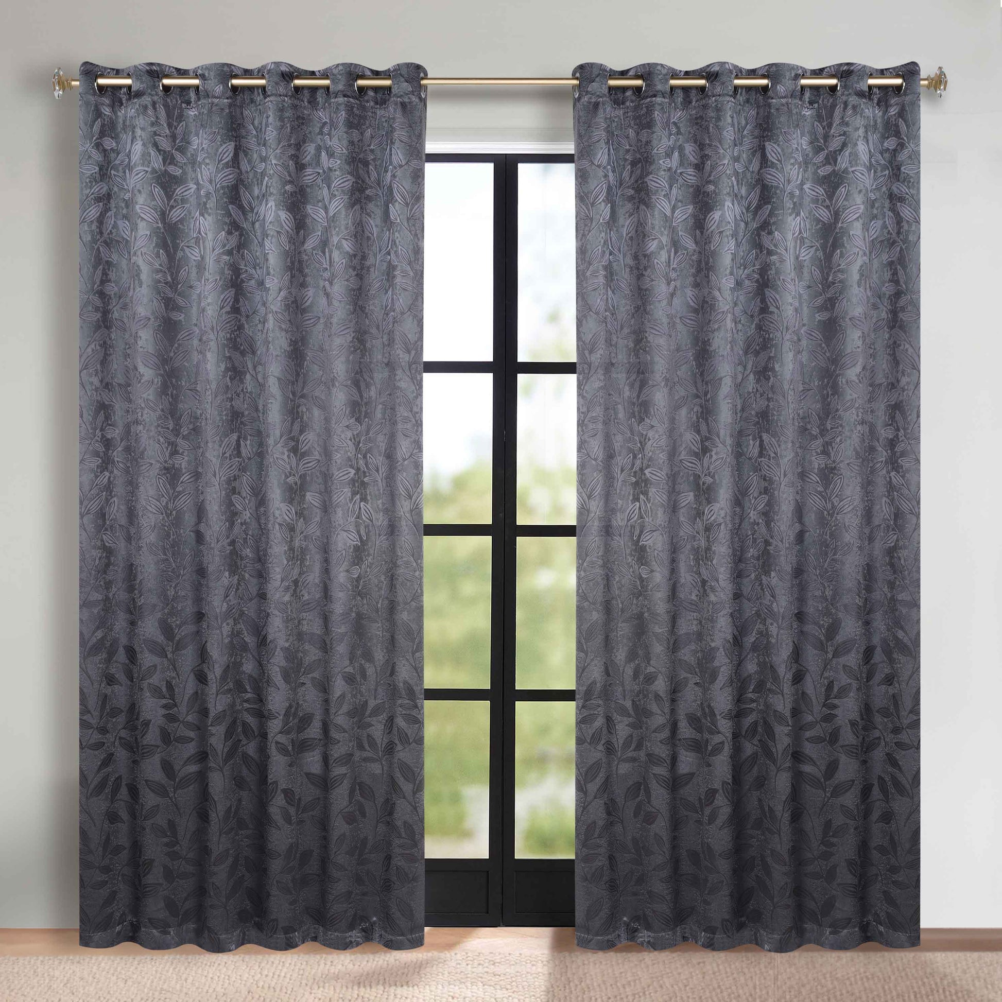 Leaves Room Darkening Grommet Blackout Curtain Panels, Set of 2 - Charcoal