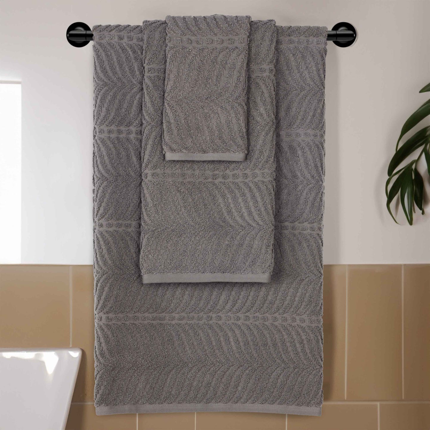 Chevron Zero Twist Jaquard Cotton 3 Piece Bathroom Towel Set - Charcoal