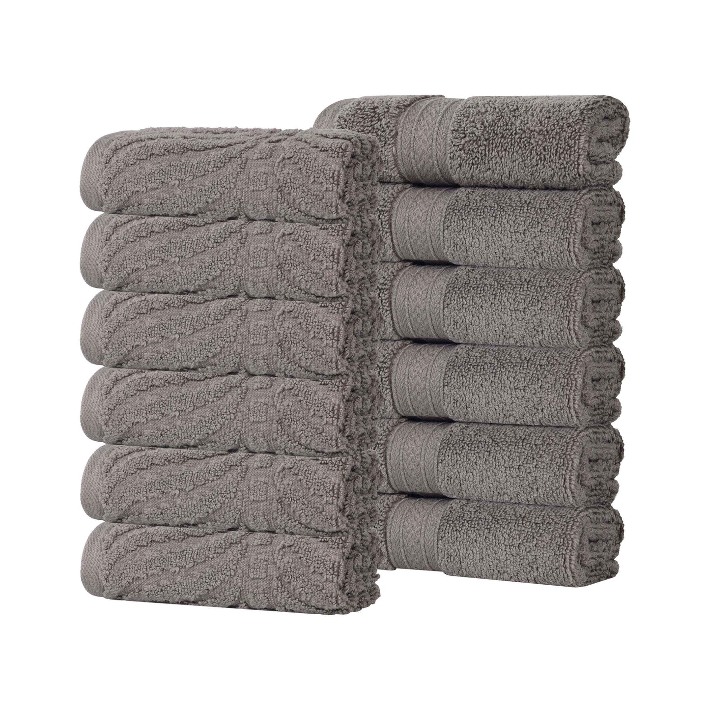 Chevron Zero Twist Solid and Jacquard Soft Cotton Washcloth Set of 12 - Charcoal