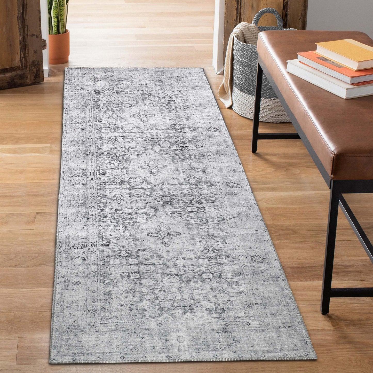 Huda Distressed Rustic Floral Geometric Medallion Indoor Area Rug - Charcoal
