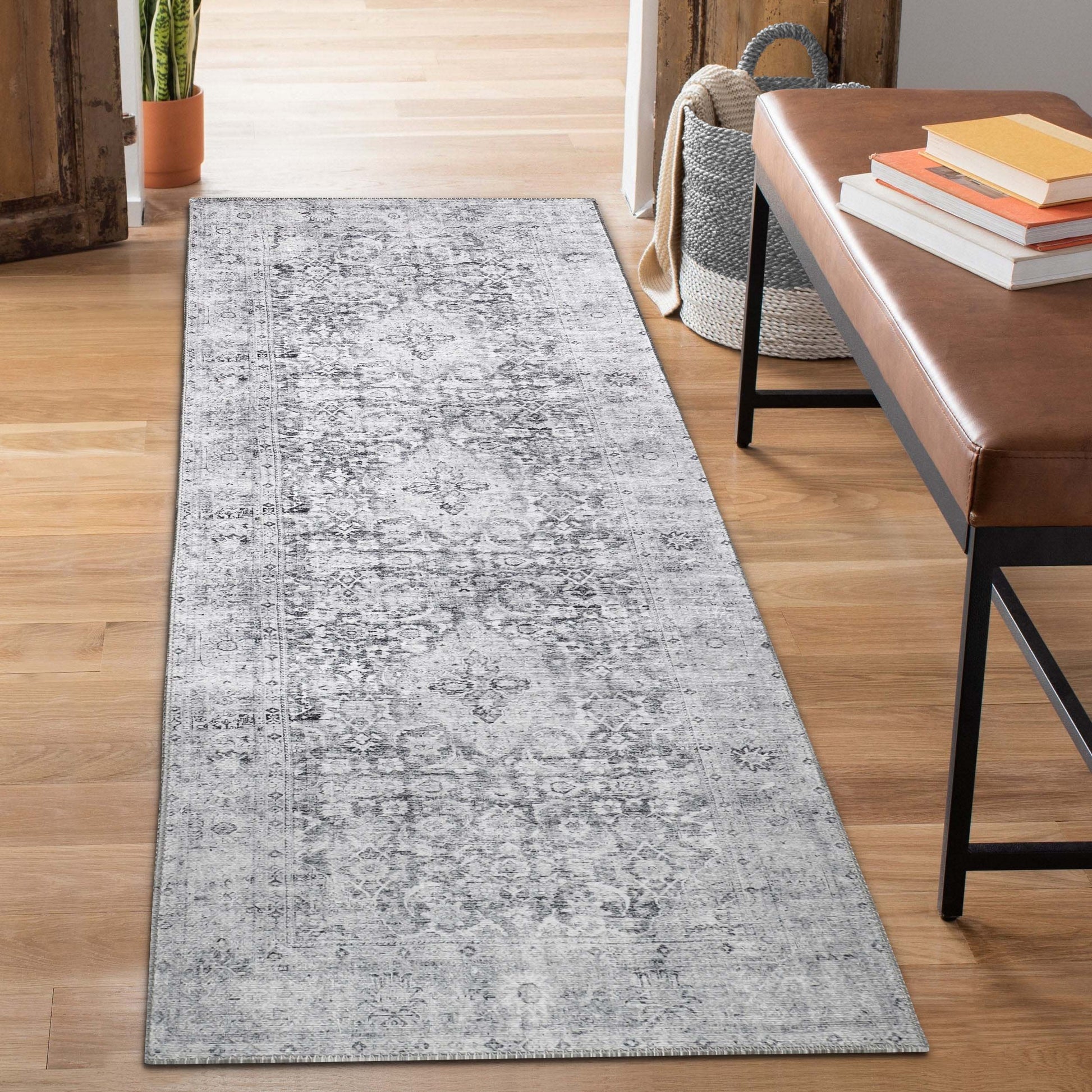Huda Distressed Rustic Floral Geometric Medallion Indoor Area Rug - Charcoal