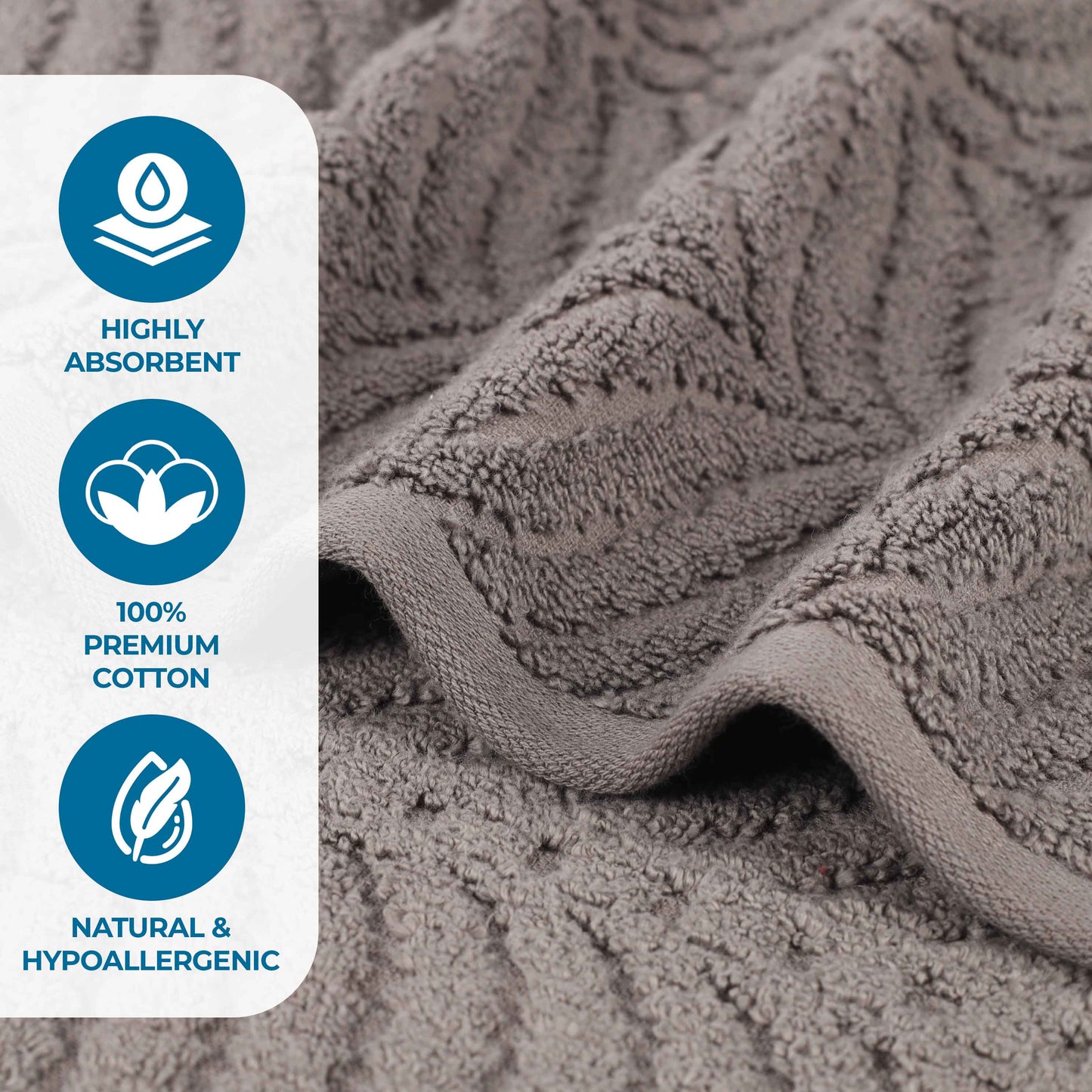 Chevron Zero Twist Solid and Jacquard Soft Cotton 6 Piece Towel Set - Charcoal