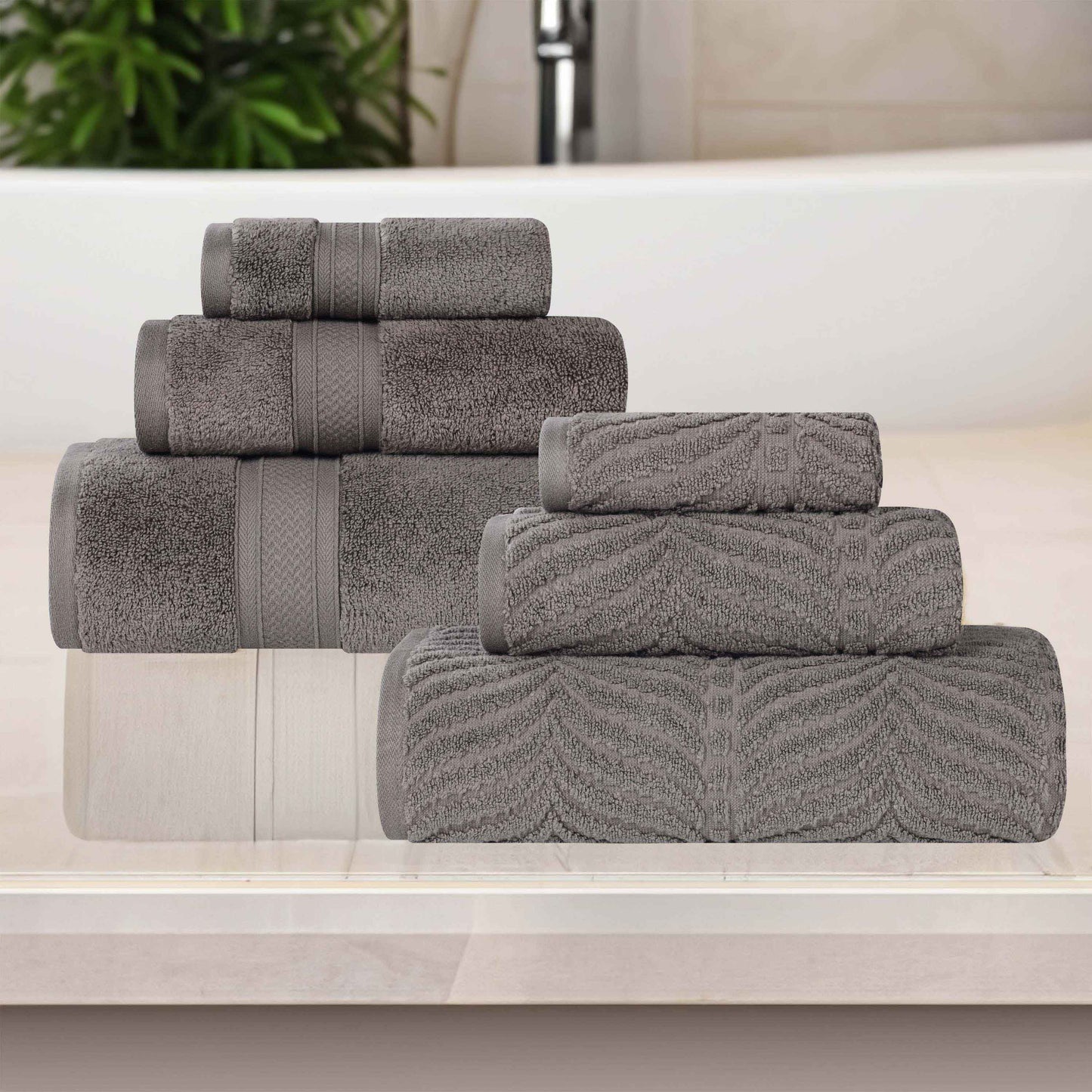 Chevron Zero Twist Solid and Jacquard Soft Cotton 6 Piece Towel Set - Charcoal