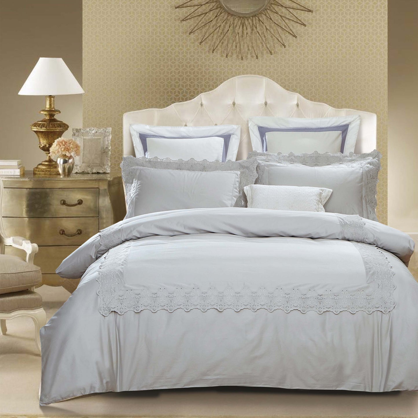 Charlotte Victorian Eyelet Cotton Duvet Cover Set - Charcoal