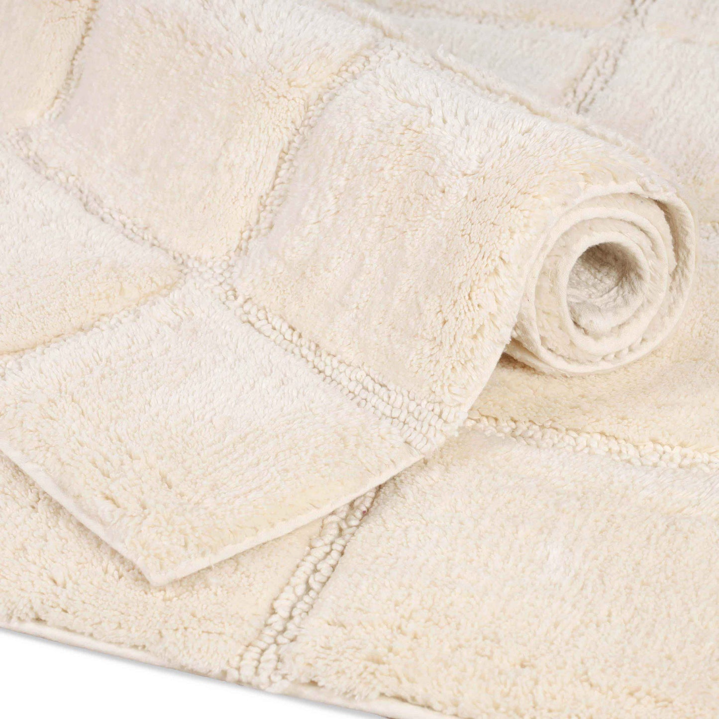 2 Piece Cotton Checkered Solid Non Slip Bath Rug Set - Ivory