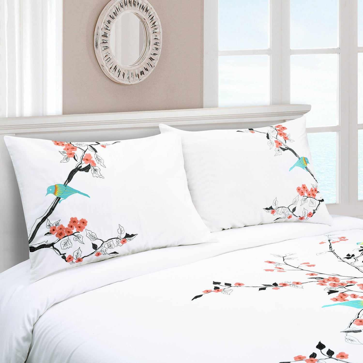 Superior Cherry Garden Embroidered Cotton Duvet Cover Set - Coral