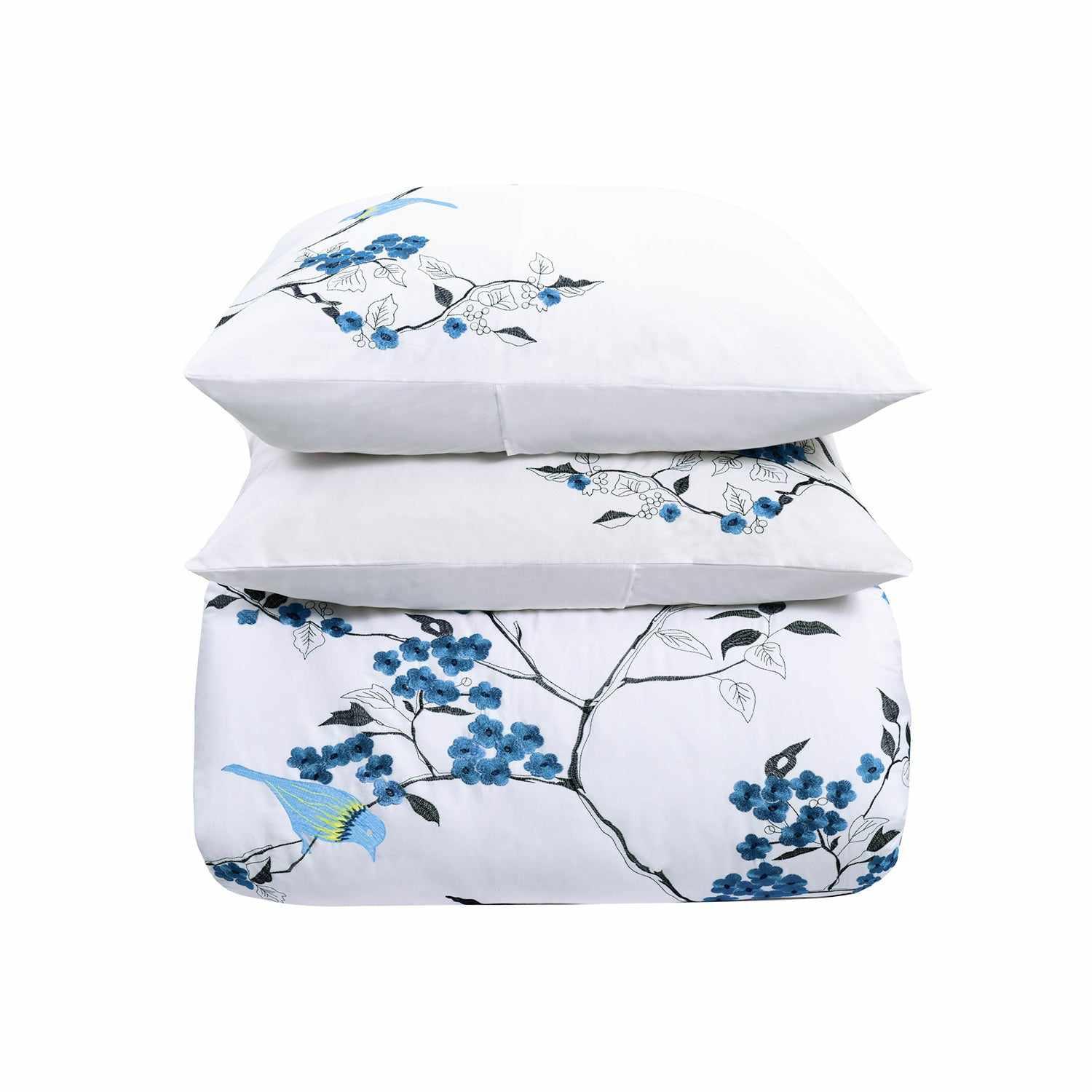 Superior Cherry Garden Embroidered Cotton Duvet Cover Set - Blue