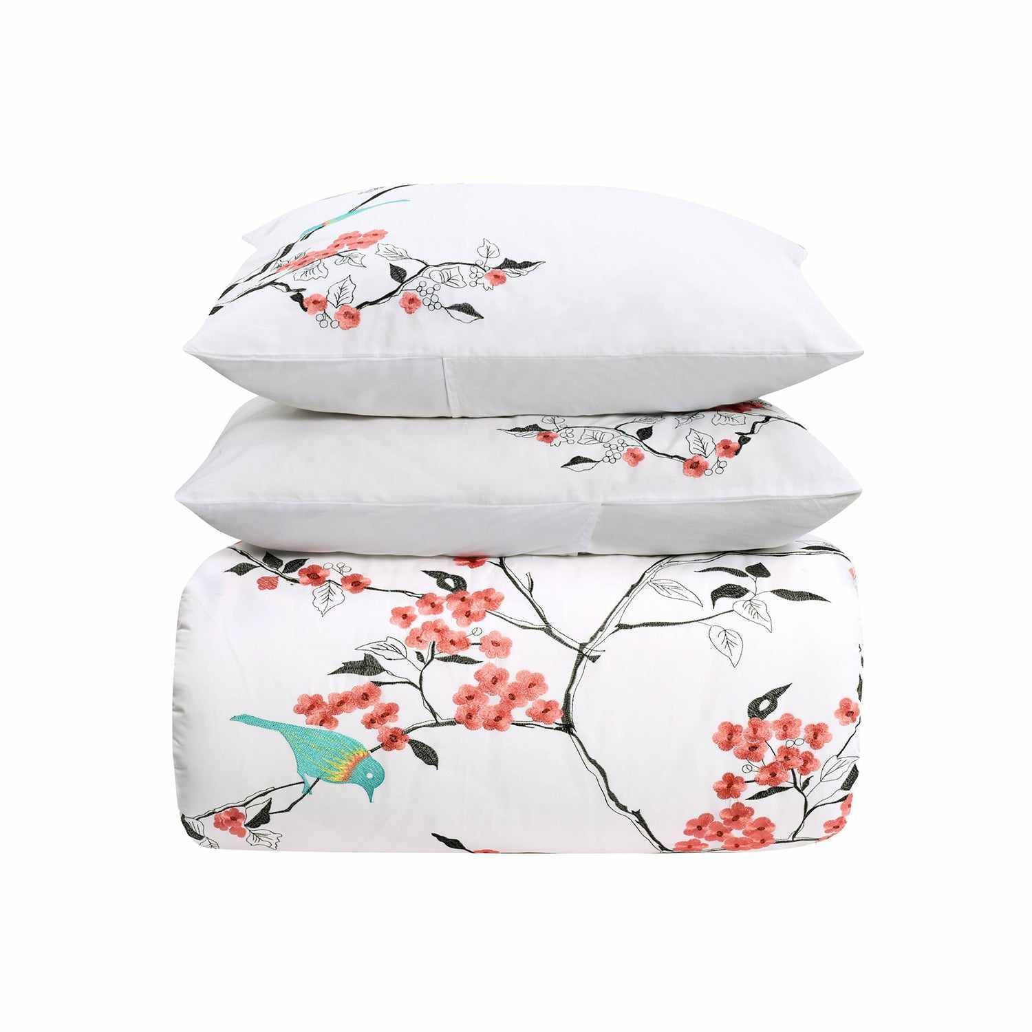 Superior Cherry Garden Embroidered Cotton Duvet Cover Set - Coral